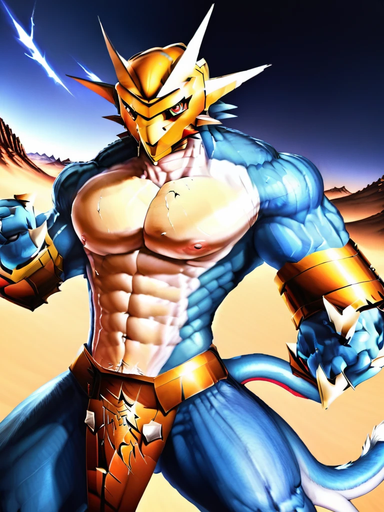 solo,angry ,Magnamon,tall,(musclar:1.5),blue and white skin,(battle damaged:1.5),(topless Magnamon:2),(armor fragments:1.5),(shirtless:1.5), fighting_stance, in desert ,full_shot