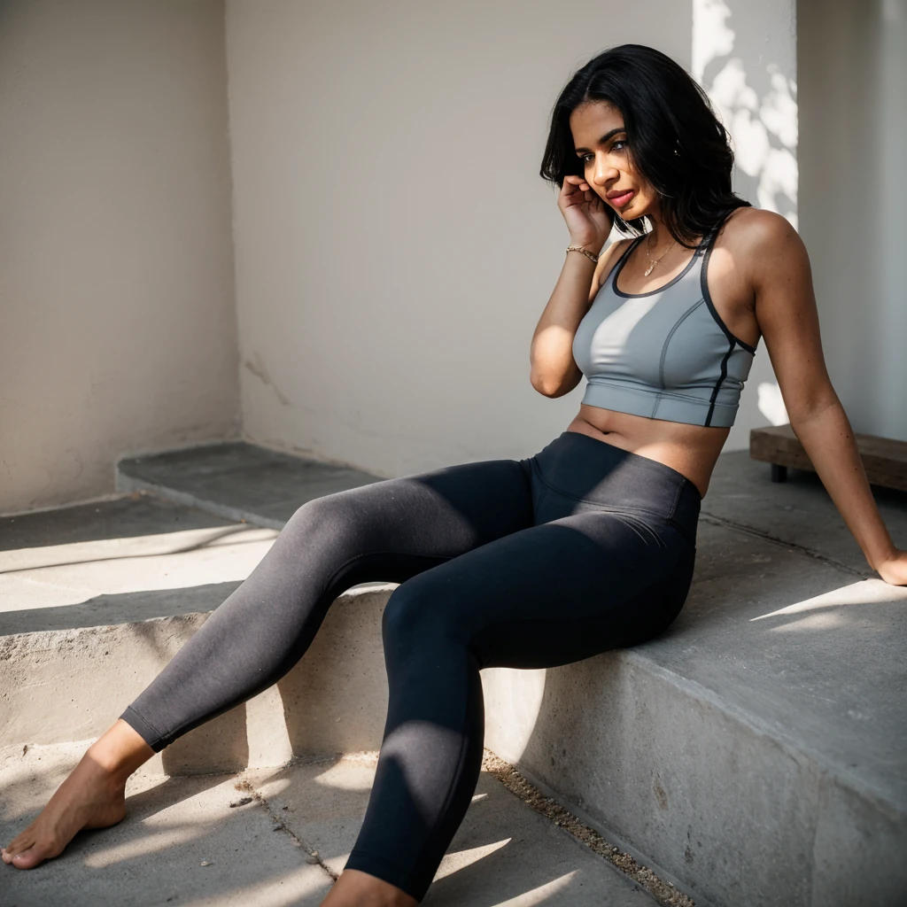 Demoiselle colombienne, metisse, peau maron, latina, poitrine nue et un pantalon de marque, lululemon, belle femme, forme du corps courbée, forme du corps en sablier, taille medium, seins ajustés, butin courbé, cheveux longs,confortable, maison, poser pour une photo, mise au point du sujet, prendre la pose, souriant, éclairage parfait, bijoux, se maquiller, 24mm, textures 4k, regarder le spectateur, établir un contact visuel, ultra Réaliste, 8k, reflex numérique