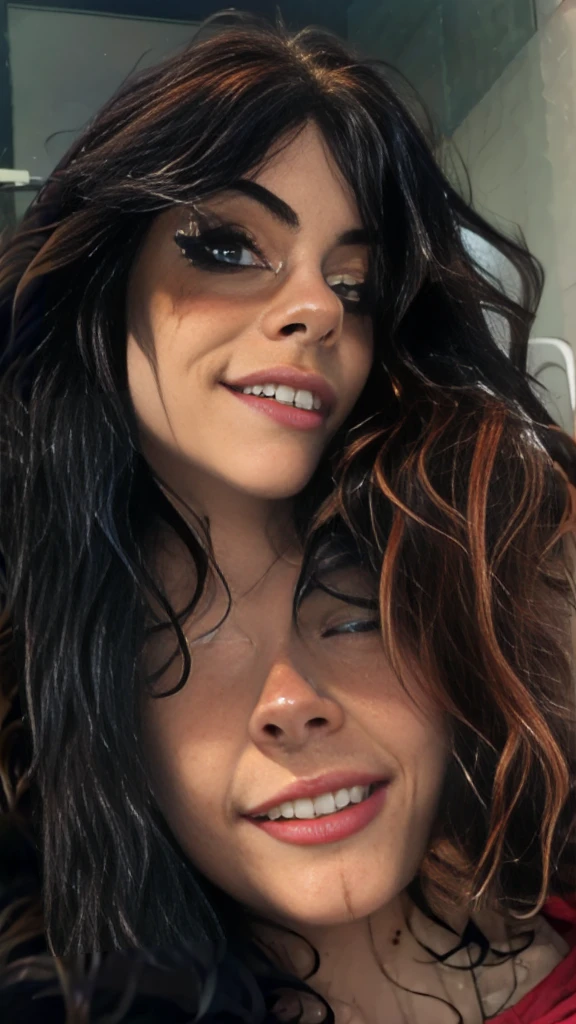 Amazing portrait of a sexy woman, Hannahowo, black messy hair, seductively gazing and smiling, soft lips, parted, blushing intensely, smiling, overzisedt-shirt, medium chest, perfect body, perfect detailed eyes, nose piercing