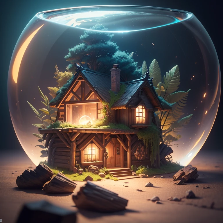  (Isometric 3D),(masterpiece),  (чрезвычайно подробные обои CG Unity 8k), (Best quality), (best illustration), (best shadow),
spicy , small one-story hut made of logs, covered with moss, the window glows comfortably, on an island floating in space inside a transparent bubble, Background Cosmos
,Octane render,ray tracing,ultra detailed