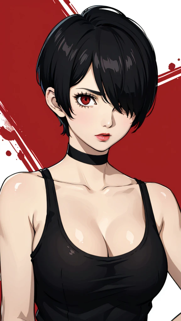 1 girl, milf, Red eyes, very Short hair, hair over one eye, black choker, lipstick, sad, black hair, tomboy Pixie haircut, tomboy Pixie haircut, tank top, huge breast, portrait, perfect body, face portrait