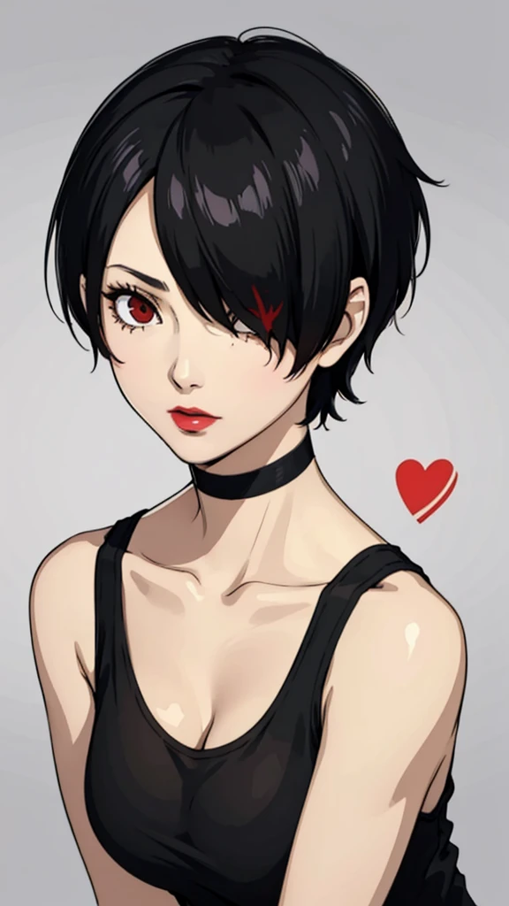 1 girl, milf, Red eyes, very Short hair, hair over one eye, black choker, lipstick, sad, black hair, tomboy Pixie haircut, tomboy Pixie haircut, tank top, huge breast, portrait, perfect body, face portrait