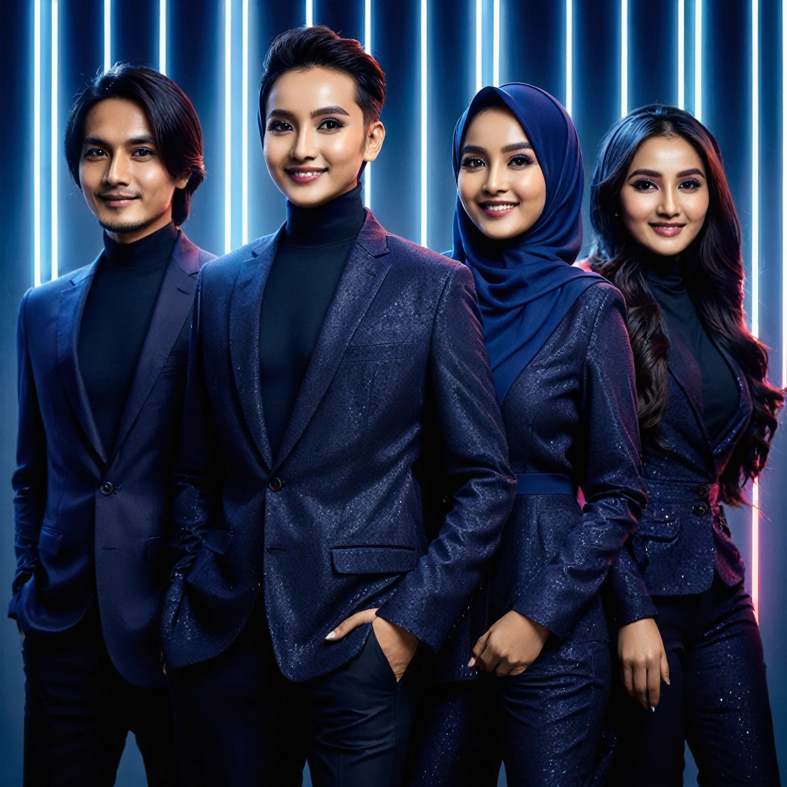 indonesian group cover, photo editor, creative design, must consisting of 4 people; one man with long hair, one man with short hair, one woman with a hijab, one woman with long hair, they wore matching dark blue glamoure outfit, standing posing confidently facing the camera, they are smile, stunning abstract neon light photo editor's room background, Taken using Sony alpha α7CR full-frame, 1536px, photorealistic, high quality, high definition photo.