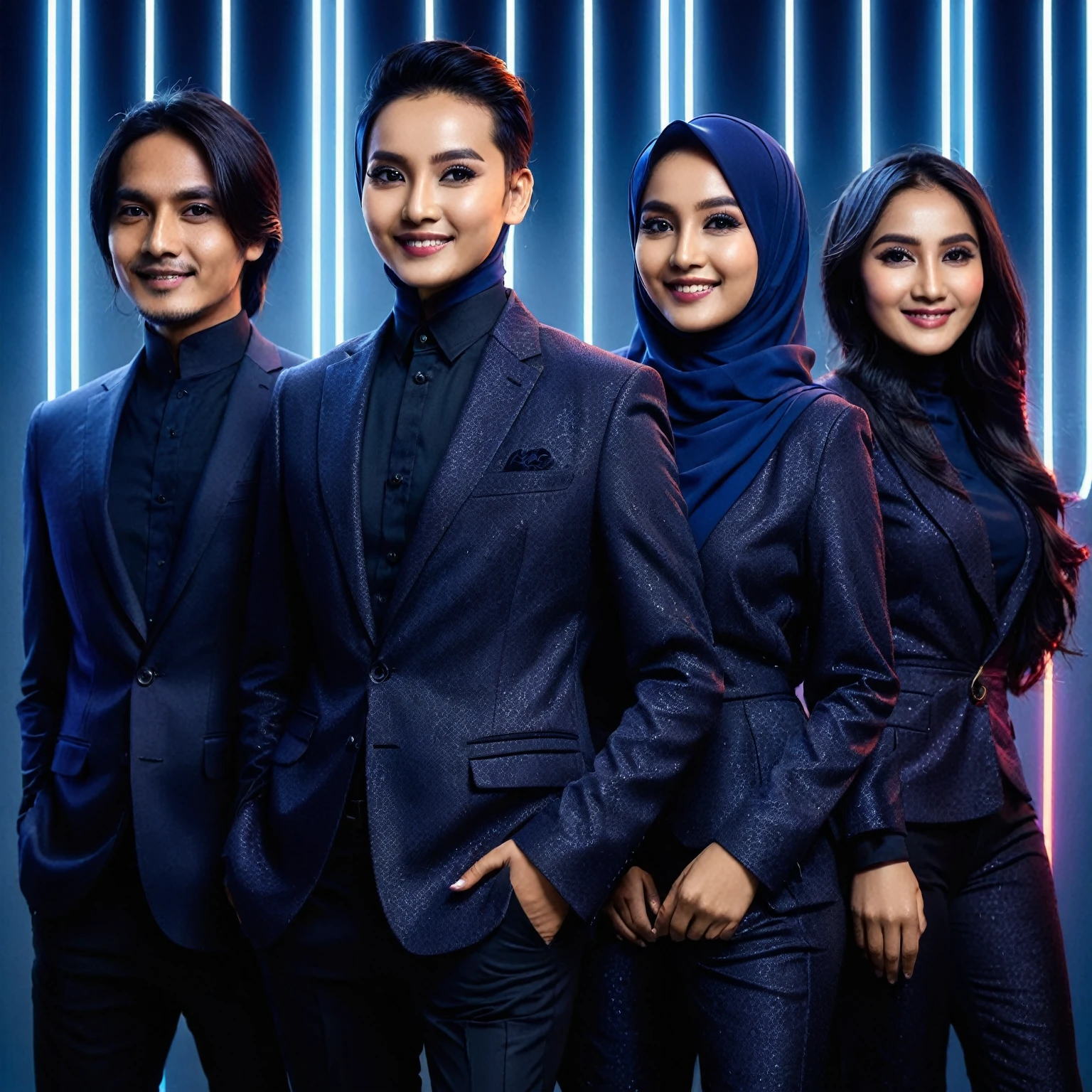 indonesian group cover, photo editor, creative design, must consisting of 4 people; one man with long hair, one man with short hair, one woman with a hijab, one woman with long hair, they wore matching dark blue glamoure outfit, standing posing confidently facing the camera, they are smile, stunning abstract neon light photo editor's room background, Taken using Sony alpha α7CR full-frame, 1536px, photorealistic, high quality, high definition photo.