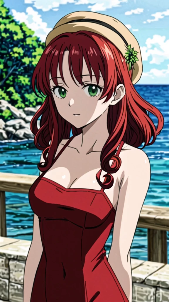 1 girl, red curly hair, with green eyes, anime one piece