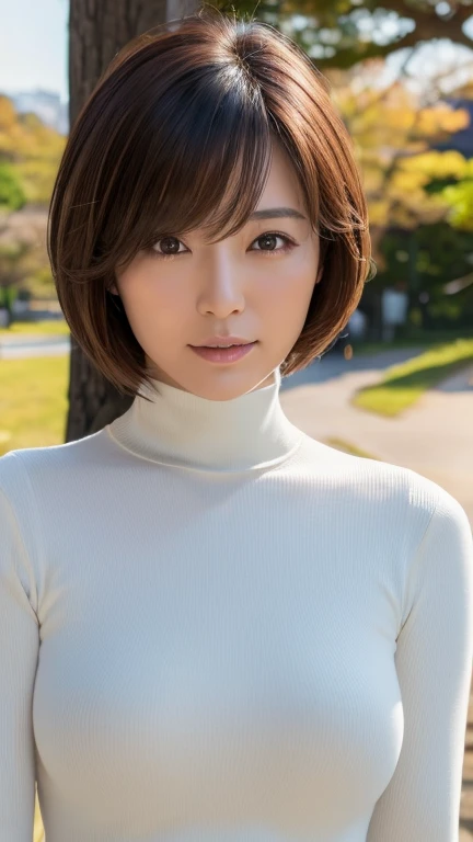 (Highest quality,8K,masterpiece),Mature Japan Woman,sexy,Age 35,ash brown short hair,White turtleneck、turn around、Buckshot