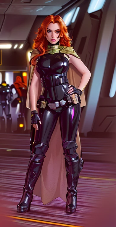(best quality,8k:1.2,high resolution:1.2), sci-fi environment, Star Wars based environment, glowing lights, neon colors, cinematic lighting, photorealistic, 8k, best quality, masterpiece, ultra-detailed, physically-based rendering, ( (Detailed face:1.2), (Detailed eyes:1.2), (Perfect figure:1.2),ultra-detailed, volumetric lighting, depth of field, cinematic lighting, Mara Jade Skywalker, Mara Jade, Mara Jade from Star Wars, long orange hair, bright green eyes, light skin with freckles. ((Wearing: a black leather suit, the suit is shiny and glossy, the suit is so tight that it perfectly highlights the shape of Mara Jades figure. Goggles, tan cape, brown leather utility belt, black fingerless gloves and black leather boots)) Her gaze is both alluring and fierce. She's looking at the viewer, standing.
