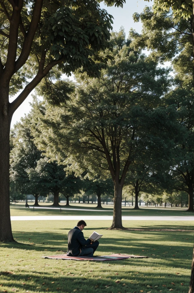 A man reading a book on the ground next to a tree in the park