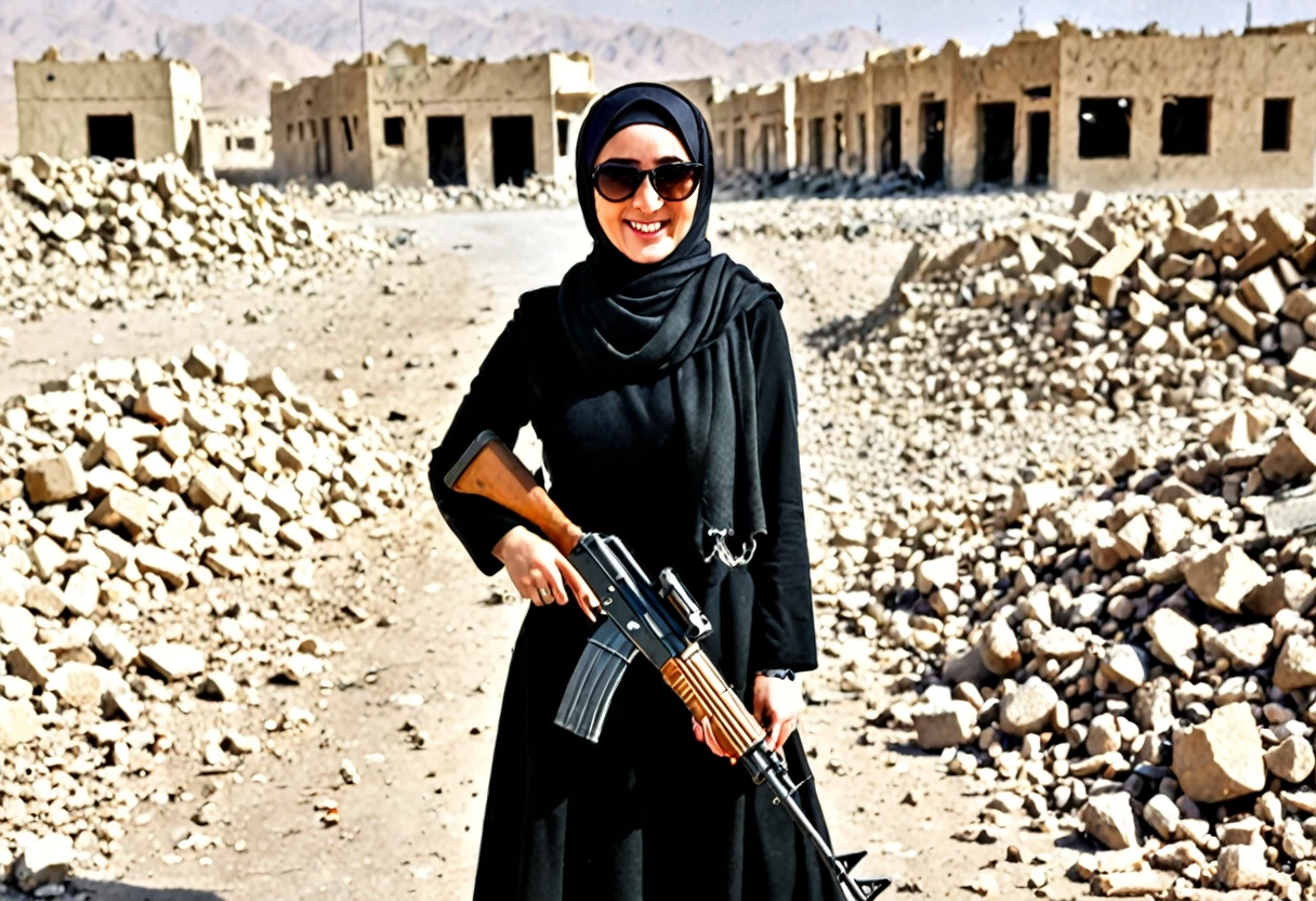 Pale skin Kurdish sunglasses woman in hijab standing in demolished street desert bracelet holding ak 47 rifle smiling