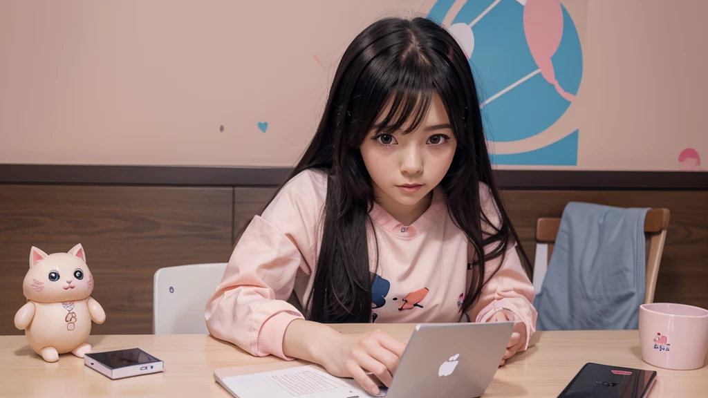 anime girl sitting at a desk with a laptop and a doll, digital anime illustration, lofi girl, anime style 4 k, digital anime art, anime visual of a cute girl, anime art wallpaper 4 k, 4k anime wallpaper, anime art wallpaper 4k, anime art wallpaper 8 k, anime girl desktop background, lofi portrait, anime style. 8k