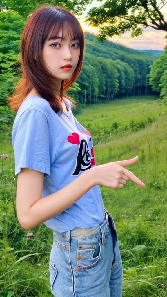 beauty asian woman, finger heart pose, wearing CINTAKU t-shirt, blue jeans, background: landscape of lush forest heaven, sunset,