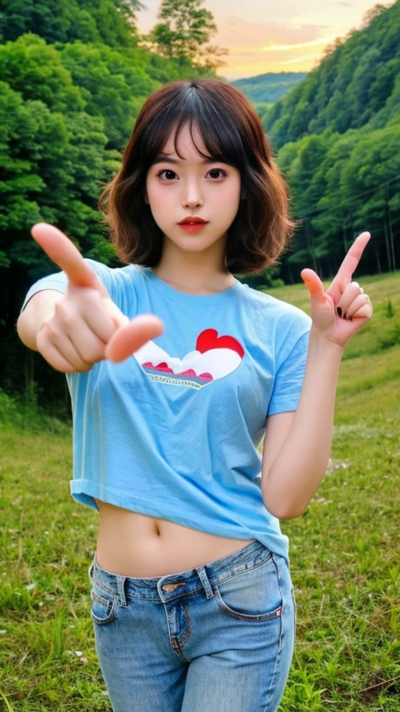 beauty asian woman, finger heart pose, wearing CINTAKU t-shirt, blue jeans, background: landscape of lush forest heaven, sunset,