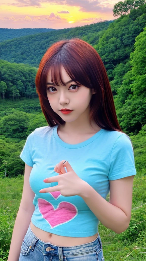 beauty asian woman, finger heart pose, wearing CINTAKU t-shirt, blue jeans, background: landscape of lush forest heaven, sunset,