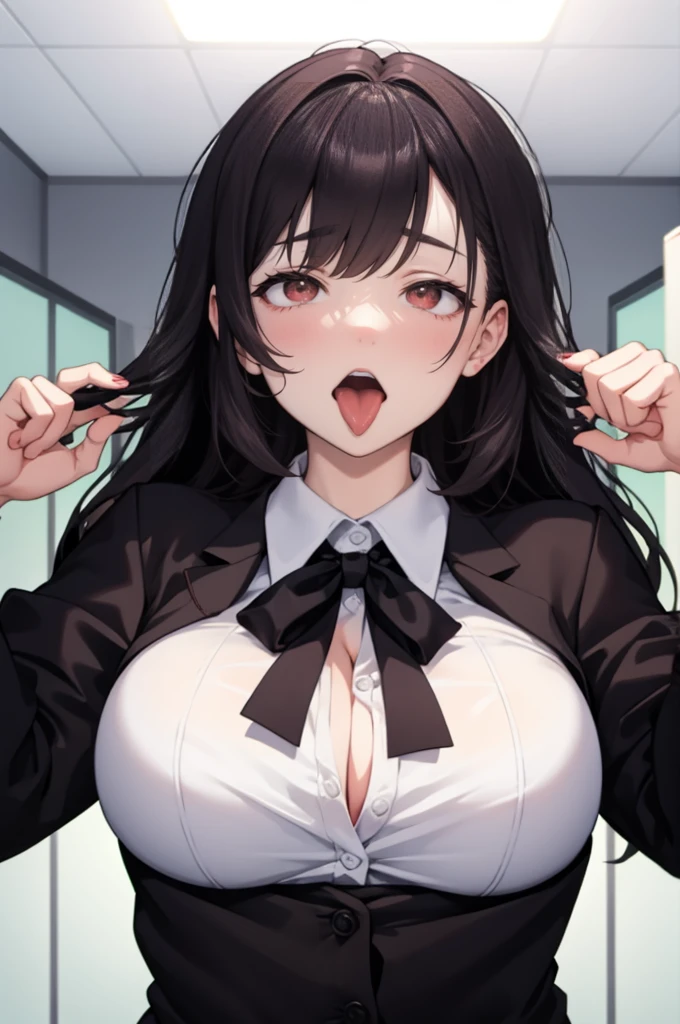 1girl, ahegao, upper body, collared shirt, office, tongue out, hands on own face, rolling eyes,, masterpiece, best quality, highly detailed, LARGE BREASTS