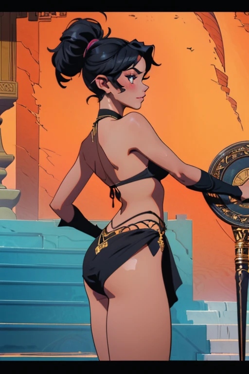 1 girl, sexy, ( short black pixie style hair ), dark skin with bikini lines, sweaty body, dressed as an odalisque, dancing sensually in an Arab palace , high qualiy, showing the ass, ultra detaild
