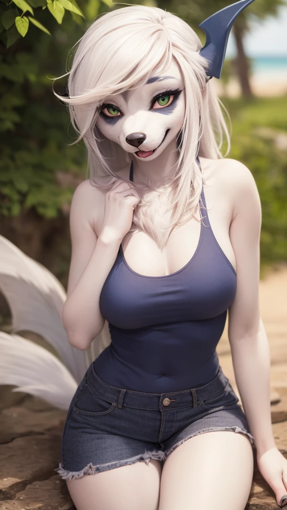 (masterpiece), (best quality), (anthro furry:1.3, snout:1.2, anthro:1.3, furry:1.2, solo female:1.2), (extremely detailed:1.3),(checkpoint model:1.3),(detailed eye, green eye),(detailed fluffy fur:1.1), absol, Wearing tanktop, sfw, at beach, looking on viewer, Canine face, Canine nose, Canine mouth, beautiful white hair, long emo hair, one horned on left side, beautiful face, blue face skin, white body skin, Green eye, medium breast, medium size of blue rock on upperhead