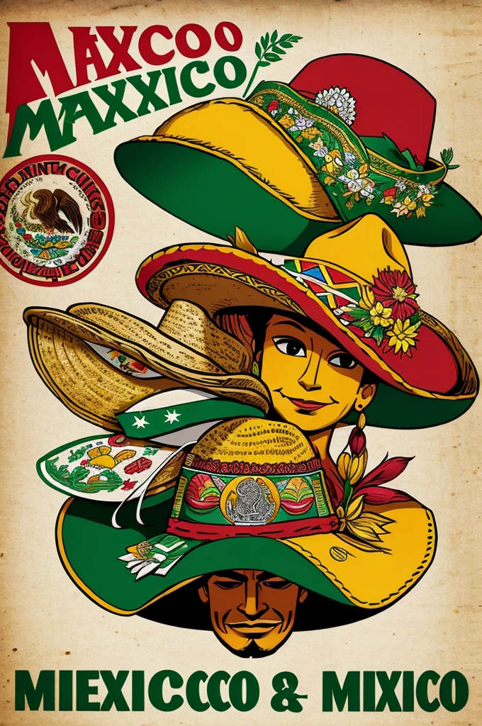 Un afiche representativo de Mexico con la palabra "Mexico" in half and colored its letters with representative colors. Around corn, tacos, catrinas, chiles, hats, flores naranjas y papeles de colores alusivos a Mexico.

All animated