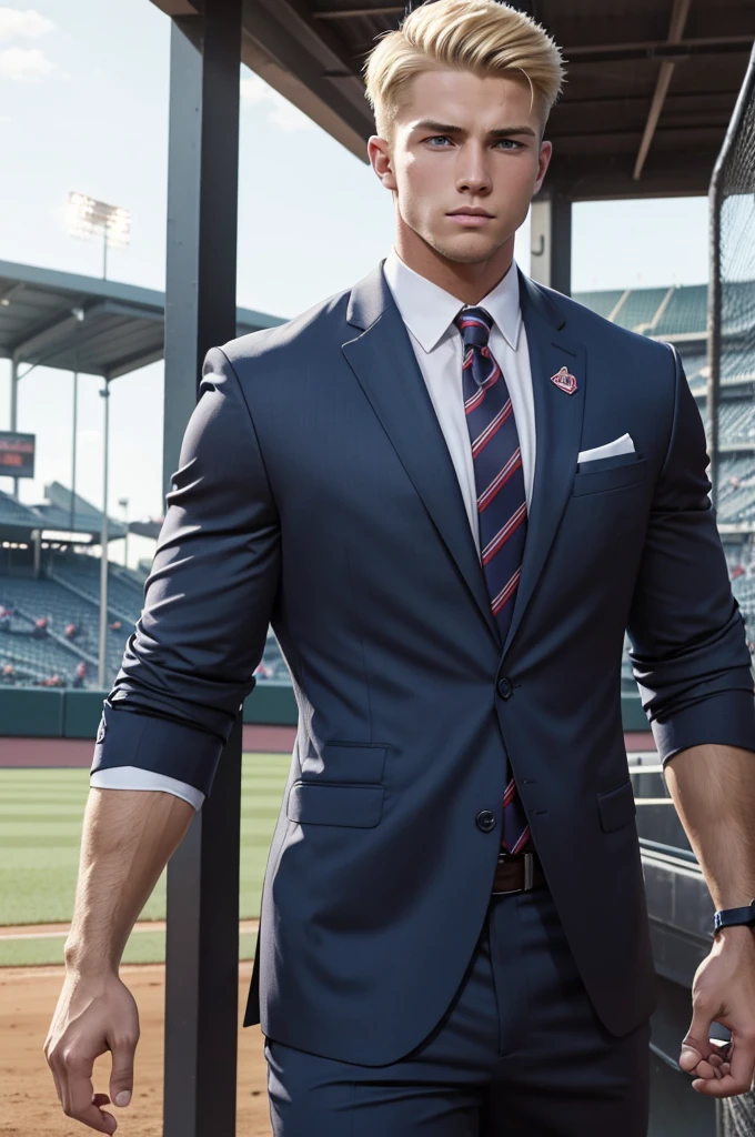 Extreme muscle, very strong, 25 year old man from Kentucky, short blonde hair, clean cut, baseball player, wearing business suit, at baseball field