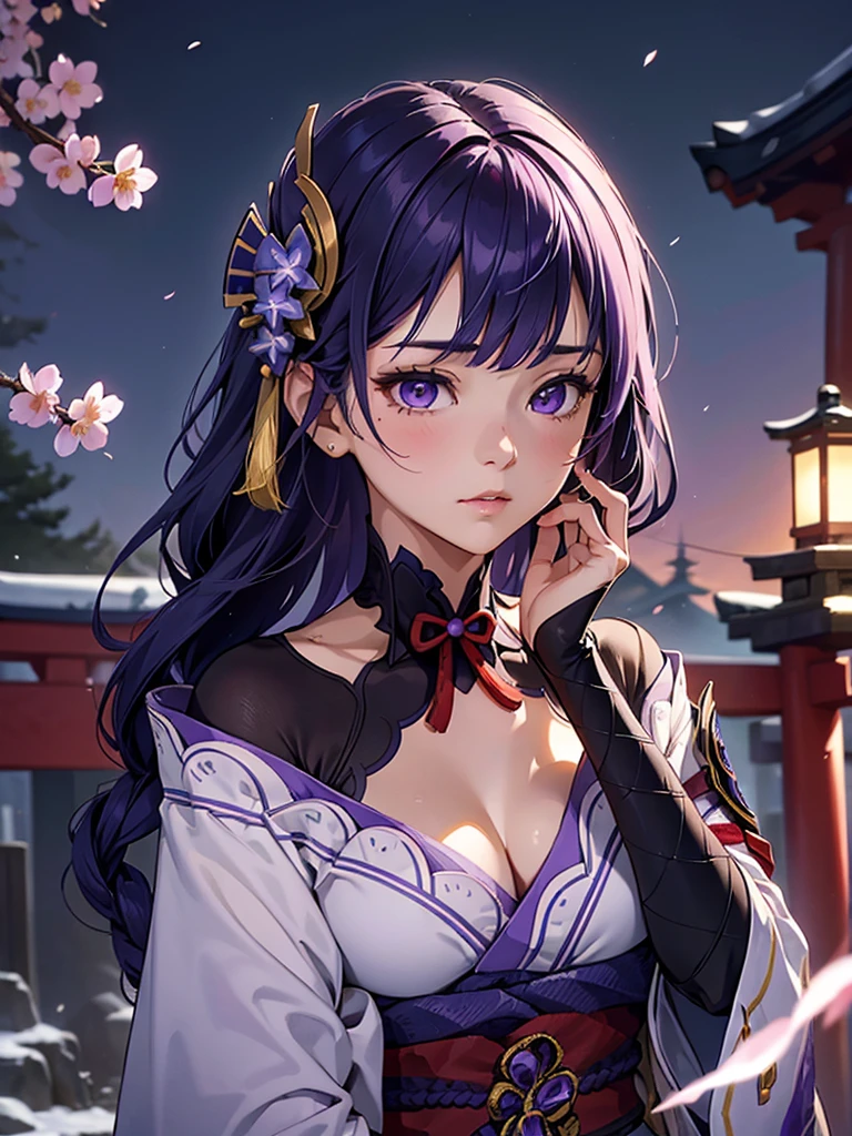 ((Upper body image:1.4))Japanese Shrines, (Highest quality，Realistic,masterpiece:1.2，8k wallpaper:1.2)，((Pale skin))，One Girl，women only，((raidenshogundef))，Lightning Particles，Purple Lightning，Light background，cherry blossoms，Purple Theme，Delicate facial features，Sexy and beautiful anime girls，General Raiden，Long purple hair，Rosy lips，Anime Mouth，shut up.，(Very sad face)，large breasts
