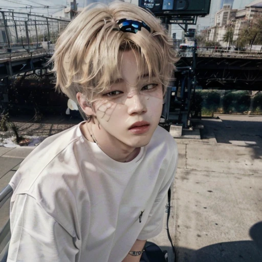 Jimin too bts, park jimin with short blonde hair, standing with the camera up facing this , white bus, headphones in the open air. Park jimin the bts