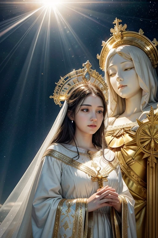 create a realistic and traditional image of Our Lady against the backdrop of celestially white and fluffy clouds intertwine forming a throne for Our Lady, with golden rays of sunlight emanating between them, creating a celestial halo effect. In the sky a deep and ethereal blue extends infinitely, sprinkled with twinkling stars that softly illuminate the scene. A halo of divine light radiates from our lady&#39;s body, illuminating everything around you with an intense golden glow. Our Lady is depicted in a serene and majestic pose in prayer with a loving and compassionate smile on her lips. Your brown eyes overflow with love and wisdom, conveying peace, tranquility to those who contemplate it. He wears a sky blue cloak adorned with golden stars, symbol of divine royalty and maternal protection. A crown of heavenly light adorns his head enhancing his majesty and holiness. Our Lady must appear in the middle of the clouds, whole and majestic. around you rays of light. 