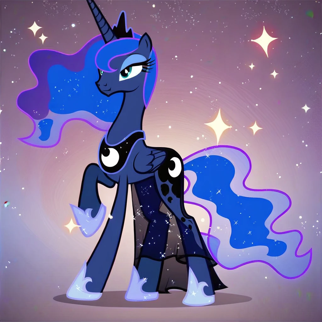 score_9, score_8_up, score_7_up, score_6_up, score_5_up, score_4_up, Princess Luna, cosmic, show accurate wearing a black see through dress