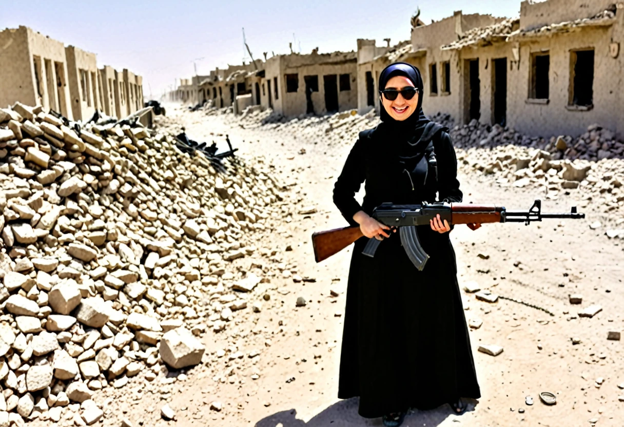 Pale skin Kurdish sunglasses woman in hijab standing in demolished street desert bracelet holding ak 47 rifle smiling dead bodies at ground