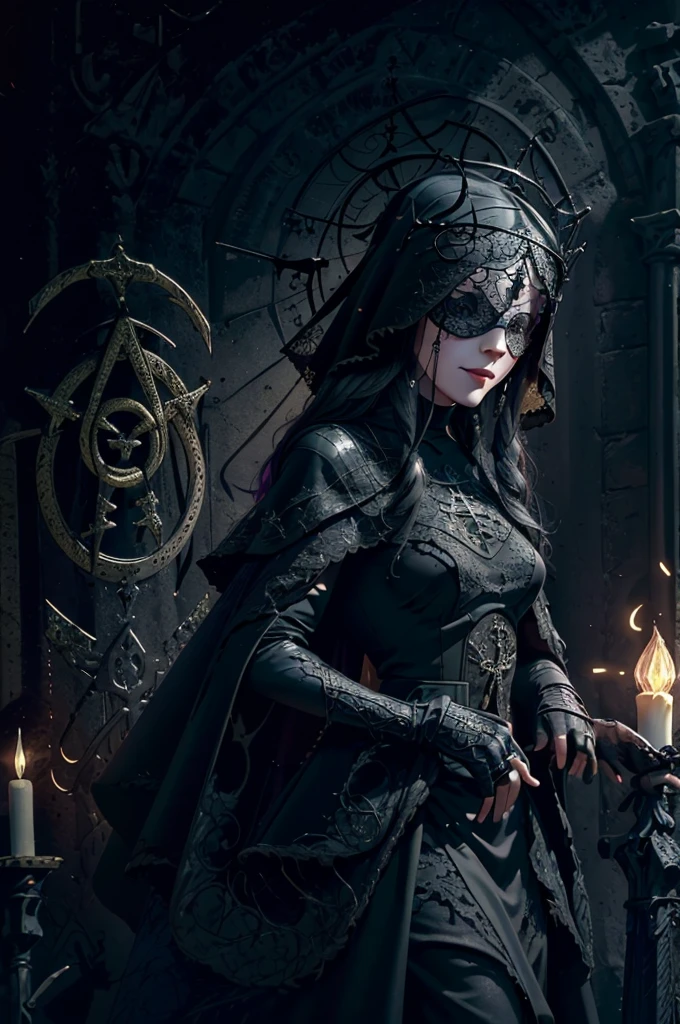  sweet smile, (Masterpiece:1), 1girl, solo, realistic, ((cinematic lighting)), official art, unity 8k wallpaper, ultra detailed, beautiful and aesthetic, High quality, beautiful, best quality, ((occult symbols)), esoteric, holy, nun, a madure 40 years old woman wearing a black translucent veil blind mask, (smile: 0.8), thin and slender, white long hair, black lips, perfect hands, perfect fingers, straight hair, choker, (black clothes), armor, ((Cassock)), capelet, elbow gloves, on side, full body (from below, dutch_angle: 1.1), dutch angle, gothic cemetery, horror, dark_fantasy, dark souls, firekeeper, cleric, grave cleric, dungeon and dragons