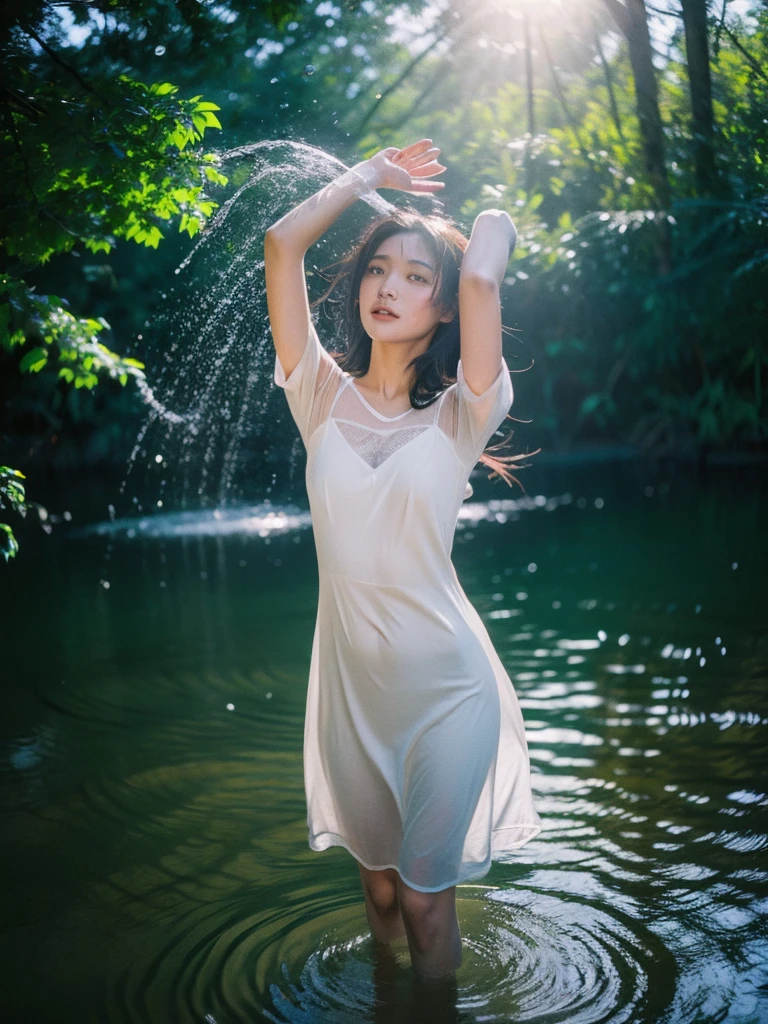 I'm in the sea .Cute . Water gushes out from below. A baby-faceair-sd Japanese woman. She has bangs. Her hair style is a bun. Cinematic shot. Color photo of 2024. A 20 year old cute Japanese woman. She is wearing a tattered white dress. She has wheat-colored skin. A pond in the forest park. A shy smile. --s 750 --style raw

