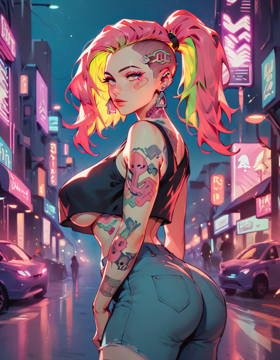 SCORE_9, SCORE_8_UP, SCORE_7_UP, SCORE_6_UP, MASTERPIECE, BEST QUALITY, HIGH QUALITY, HIGHRES, ABSURDRES, PERFECT COMPOSITION, INTRICATE DETAILS, ULTRA-DETAILED, PERFECT FACE, PERFECT EYES, NEWEST, nsfw,1girl, solo, super slutty girl, erotic, cyberpunk, looking_at_viewer, blurry, ponytail, long_hair, undercut, blurry_background, tattoo, neon_lights, earrings, jewelry, night, pink_eyes, large breasts, huge mommy milkers,  from_side, multicolored_hair, oversize crop top, underboobs, thick hips, round peachy butt, purple_hair, outdoors, stud_earrings, depth_of_field, ear_piercing, bandaid_on_face, looking_back, bandaid, half-closed_eyes, forehead_mark, building, glowneon, cyborg