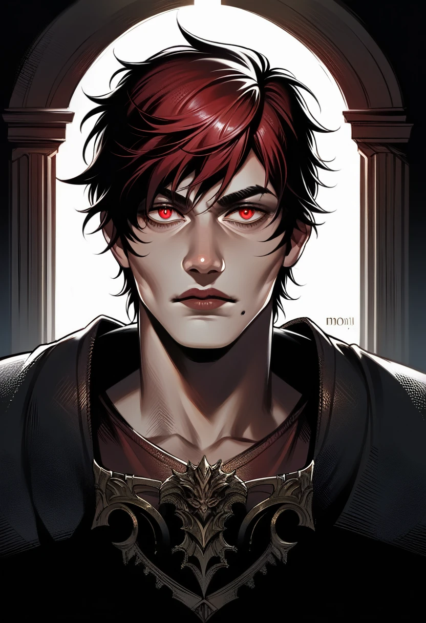 a gothic male bard, black and red detailed clothing, beautiful detailed eyes, dramatic lighting, moody atmosphere, cinematic lighting, dark fantasy, digital art, concept art, highly detailed, 8k, photorealistic, masterpiece