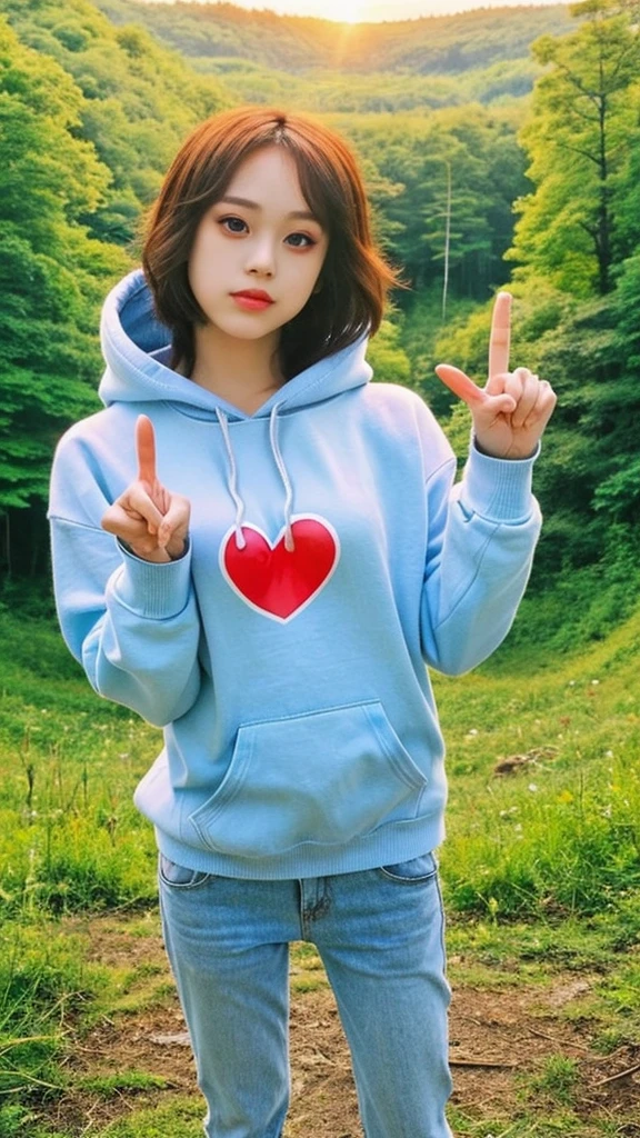 beauty asian woman, finger heart pose, wearing [CINTAKU] hoodie, blue jeans, background: landscape of lush forest heaven, sunset, 