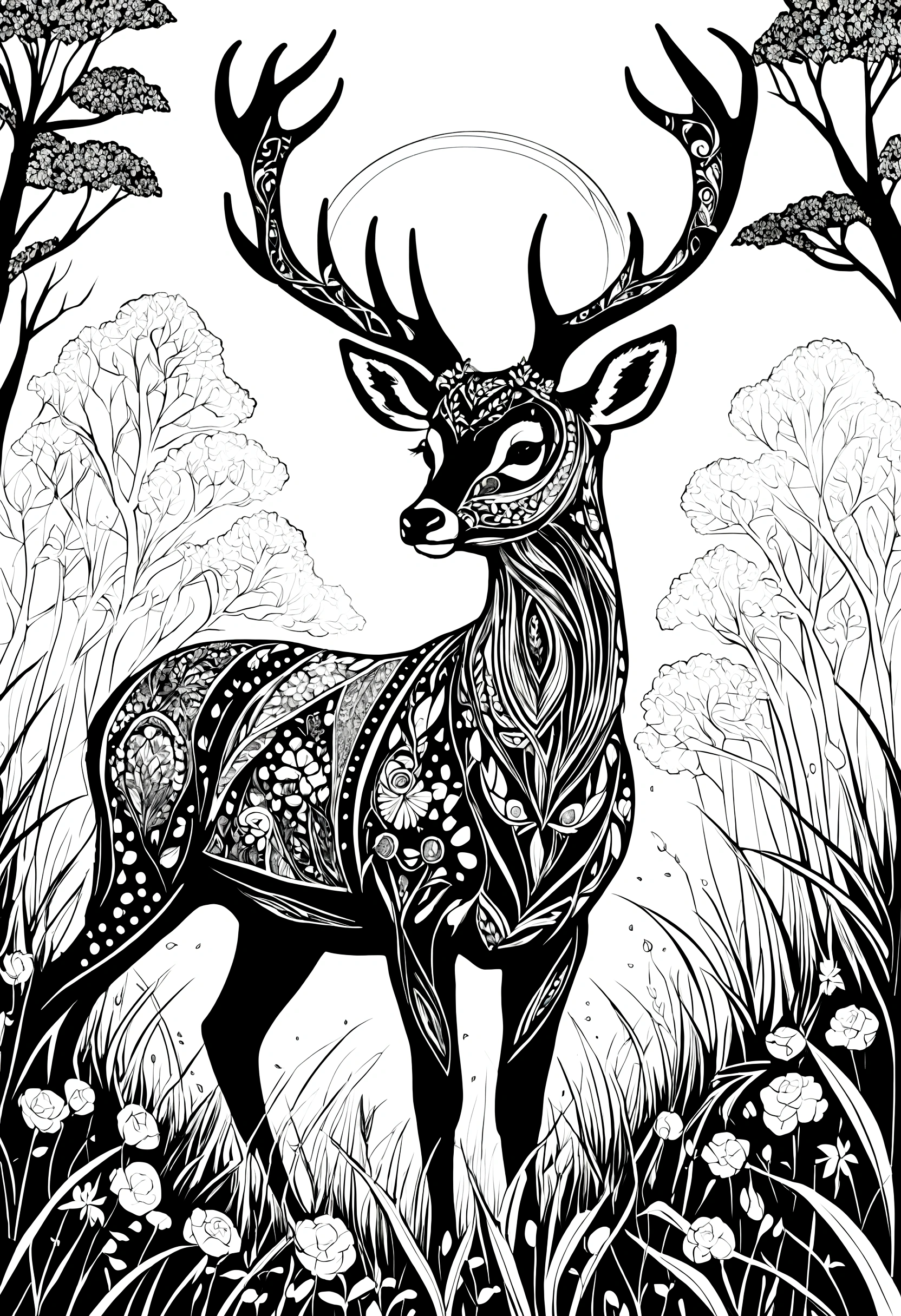 Deer on the grassland,Black and white line drawing,Line Art
