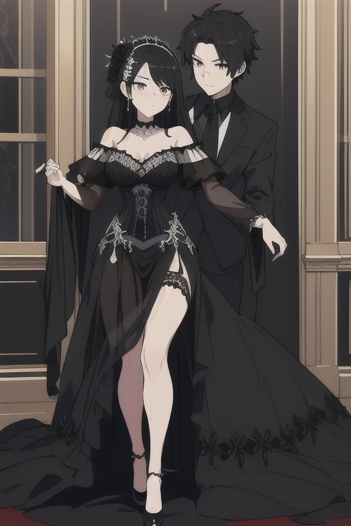 masterpiece, best quality, Black wedding dress, corset top, heavy detailing, high-lo dress, long train, off shoulder, embroidery detailing, beading, goth chic wedding dress, all black dress, full body portrait, legs showing, high-low dress, open front showing legs