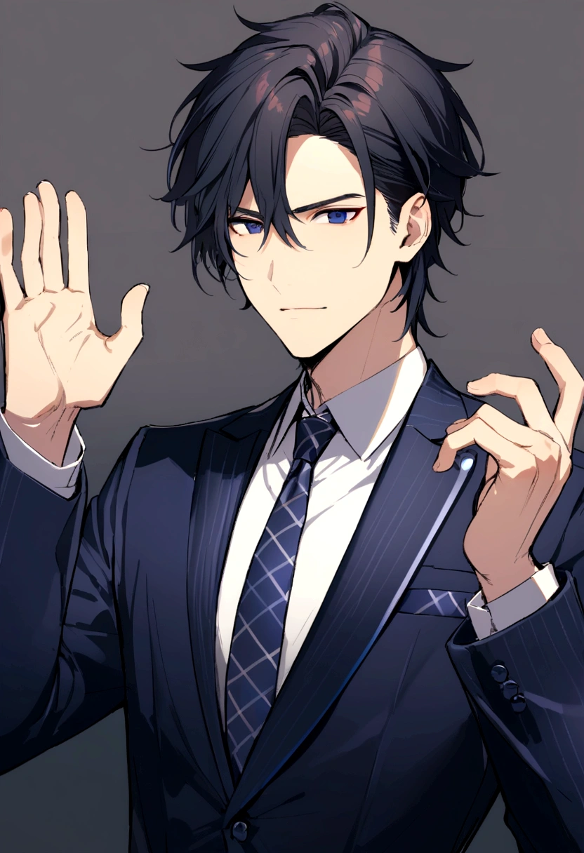 Male news anchor with black hair、Dark blue suit、dark blue tie