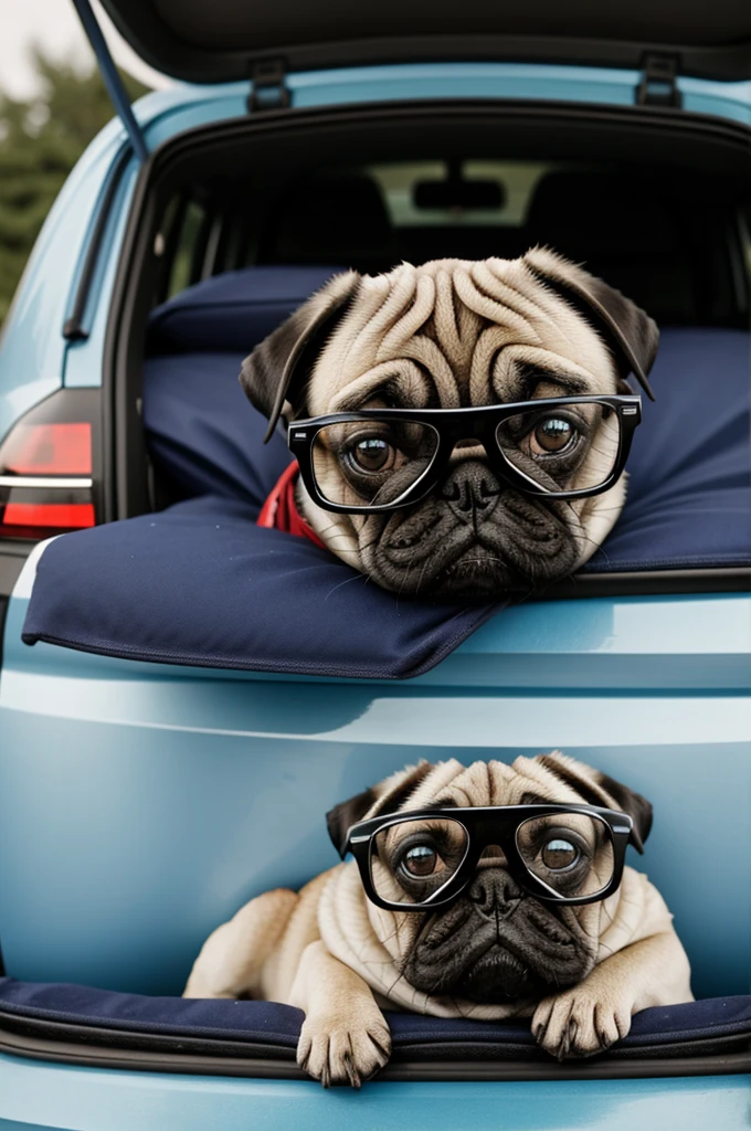 Pug with glasses in a Volkswagen car
