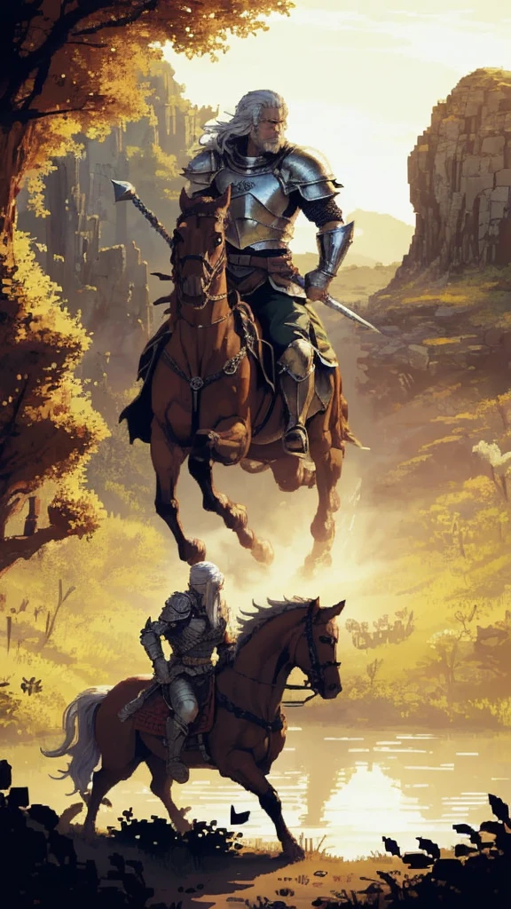 (Pixel art: 1.2), firm stance, combat stance, Focus on (Middle Earth, Knight charging into battle on horseback, wielding a spear and dressed in heavy armor, Don, Short, Solid, Diamond-shaped face, Skin fair, Platinum White Hair, Red eyes with White flecks, narrow nose, full lips, receding chin, extended goatee, shoulder length, side part, a lush desert, Tolkien) fighting (Beholder), in a mystical swamp, where the will-o'-the-wisps guide travelers