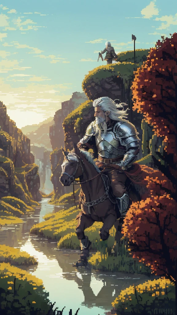 (Pixel art: 1.2), firm stance, combat stance, Focus on (Middle Earth, Knight charging into battle on horseback, wielding a spear and dressed in heavy armor, Don, Short, Solid, Diamond-shaped face, Skin fair, Platinum White Hair, Red eyes with White flecks, narrow nose, full lips, receding chin, extended goatee, shoulder length, side part, a lush desert, Tolkien) fighting (Beholder), in a mystical swamp, where the will-o'-the-wisps guide travelers