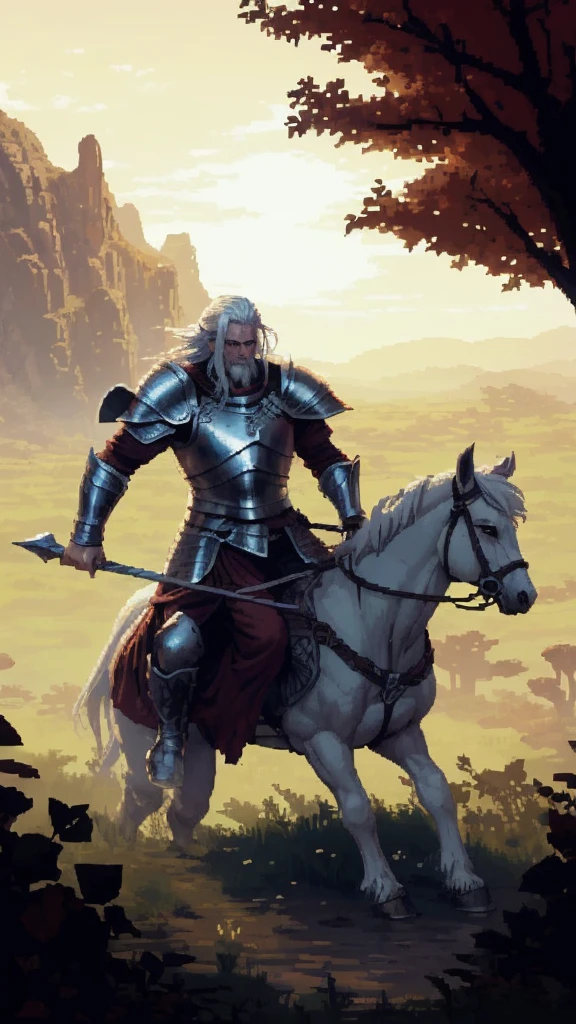 (Pixel art: 1.2), firm stance, combat stance, Focus on (Middle Earth, Knight charging into battle on horseback, wielding a spear and dressed in heavy armor, Don, Short, Solid, Diamond-shaped face, Skin fair, Platinum White Hair, Red eyes with White flecks, narrow nose, full lips, receding chin, extended goatee, shoulder length, side part, a lush desert, Tolkien) fighting (Beholder), in a mystical swamp, where the will-o'-the-wisps guide travelers