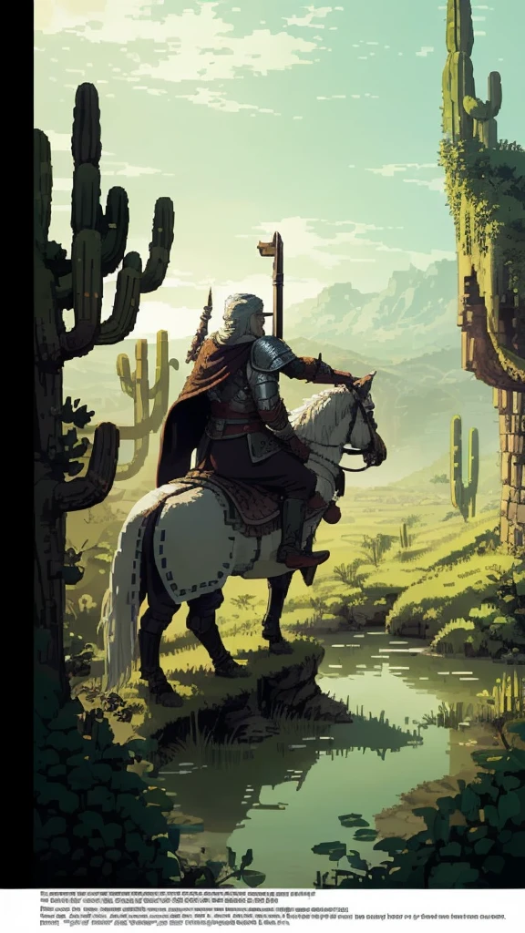 (Pixel art: 1.2), firm stance, combat stance, Focus on (Middle Earth, Knight charging into battle on horseback, wielding a spear and dressed in heavy armor, Don, Short, Solid, Diamond-shaped face, Skin fair, Platinum White Hair, Red eyes with White flecks, narrow nose, full lips, receding chin, extended goatee, shoulder length, side part, a lush desert, Tolkien) fighting (Beholder), in a mystical swamp, where the will-o'-the-wisps guide travelers