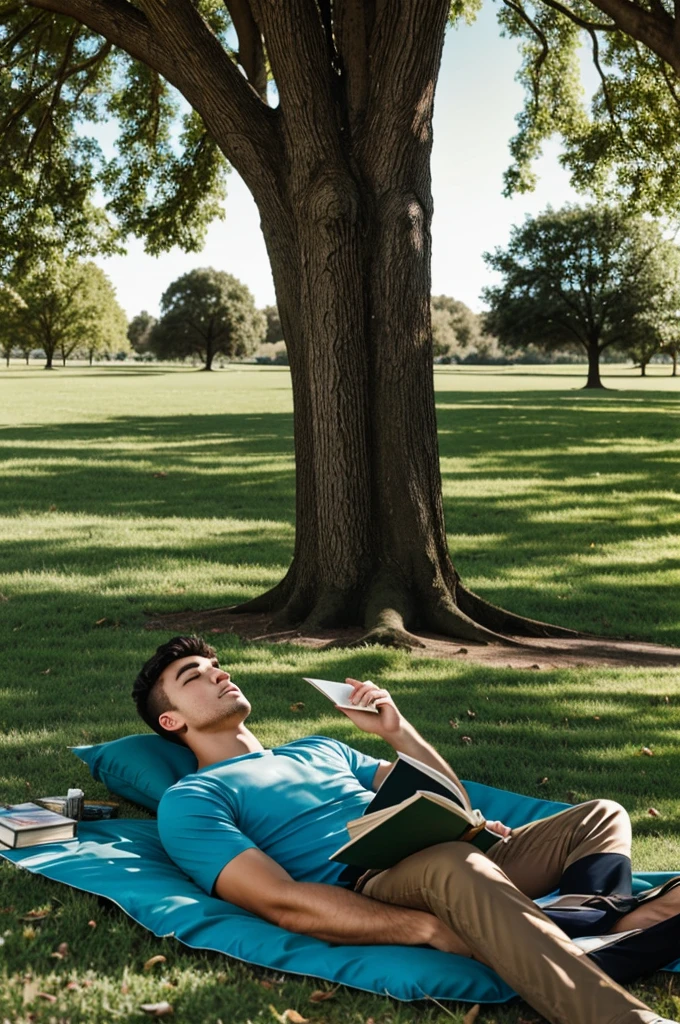 Young man reading a book lying on the floor next to a tree in the park 
