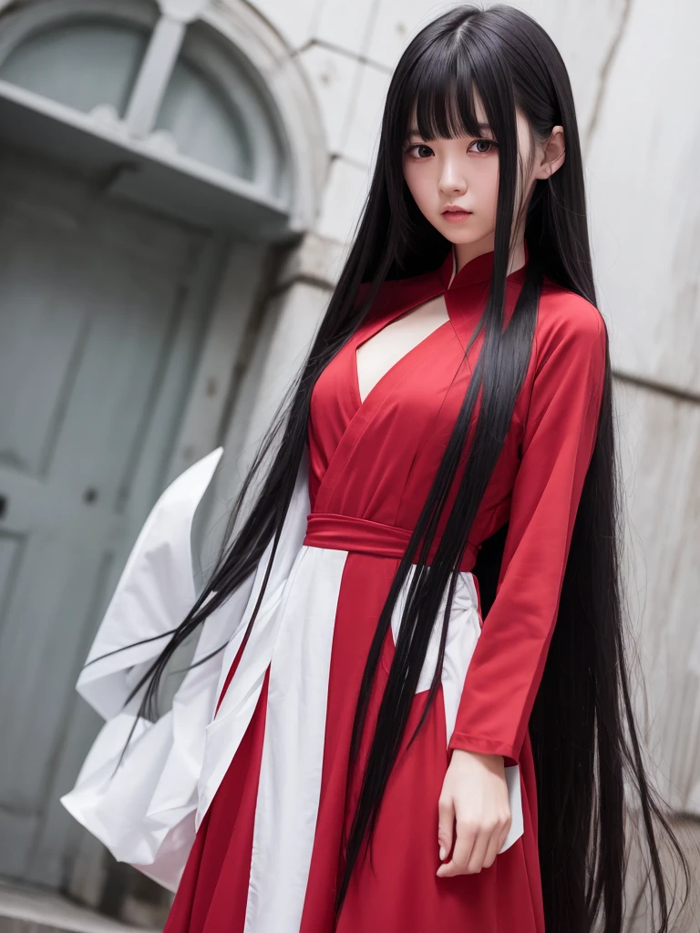 1girl, long straight black hair, straight hair , pale white skin, slightly slanted eyes, red dress, red hanfu, bust up , flat hair bangs, dark theme