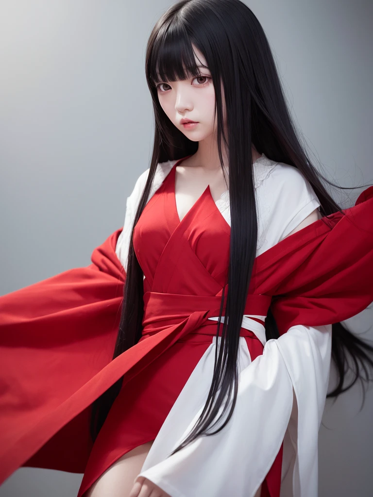 1girl, long straight black hair, straight hair , pale white skin, slightly slanted eyes, red dress, red hanfu, bust up  , flat hair bangs, dark theme