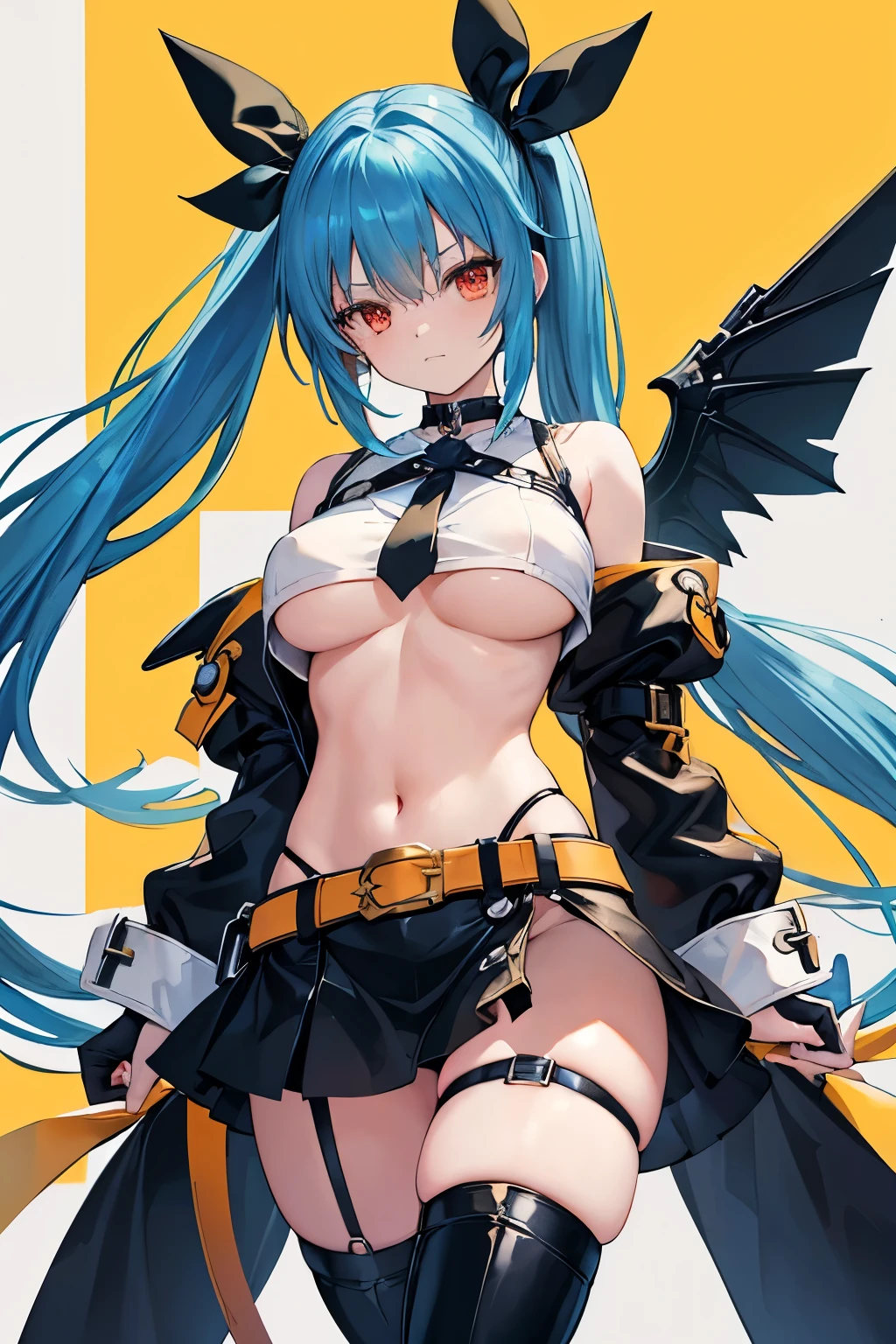 official style, {{{dizzy (guilty gear)}}}, guilty gear, black tail, blue hair,yellow tail ribbon, white background, large breasts, red eyes, 1girl, solo, black thighhighs, asymmetrical wings, choker, underboob, navel, yellow hair ribbon, boots, white long sleeves, very long hair, twintails, detached sleeves, bare shoulders, midriff, ankle boots, cleavage, thigh strap, thick thighs, black legwear, center opening, cowboy shot, {best quality}, {very aesthetic}, {ultra-detailed}, {best illustration},		