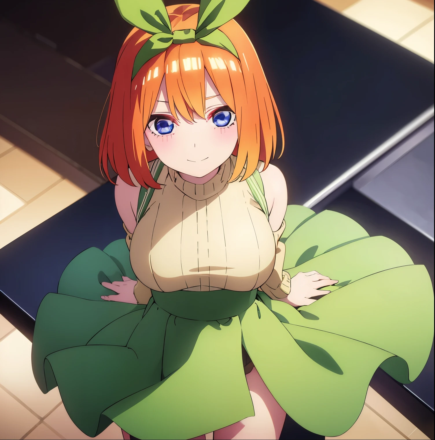 1girl,alone,yotsuba nakano,masterpiece,detailed,cowboy photo,looking at viewer,best quality,high resolution,good lighting,Dynamic posture,curvy body,short hair,orange hair,headband,green ribbon,headband,green bow , sweater dress, opaque yellow sweater dress, openwork dress, bare shoulders, bare legs, black sneakers, smile, ((1girl)),((only)), indoor, church, altar, large breasts, medium waist, wide hips, medium thighs, round butt, standing, front, focus on breasts, pov (from the middle), perfect anatomy, perfect hands