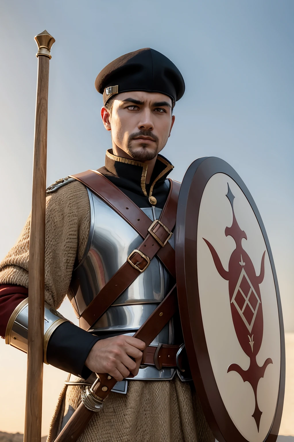 roman soldier holding wooden sword and shield
