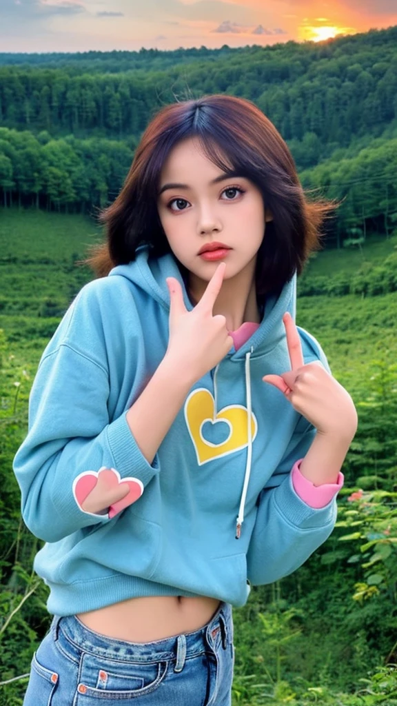beauty Indonesian woman, finger heart pose, wearing [CINTAKU] hoodie, blue jeans, background: landscape of lush forest heaven, sunset, 