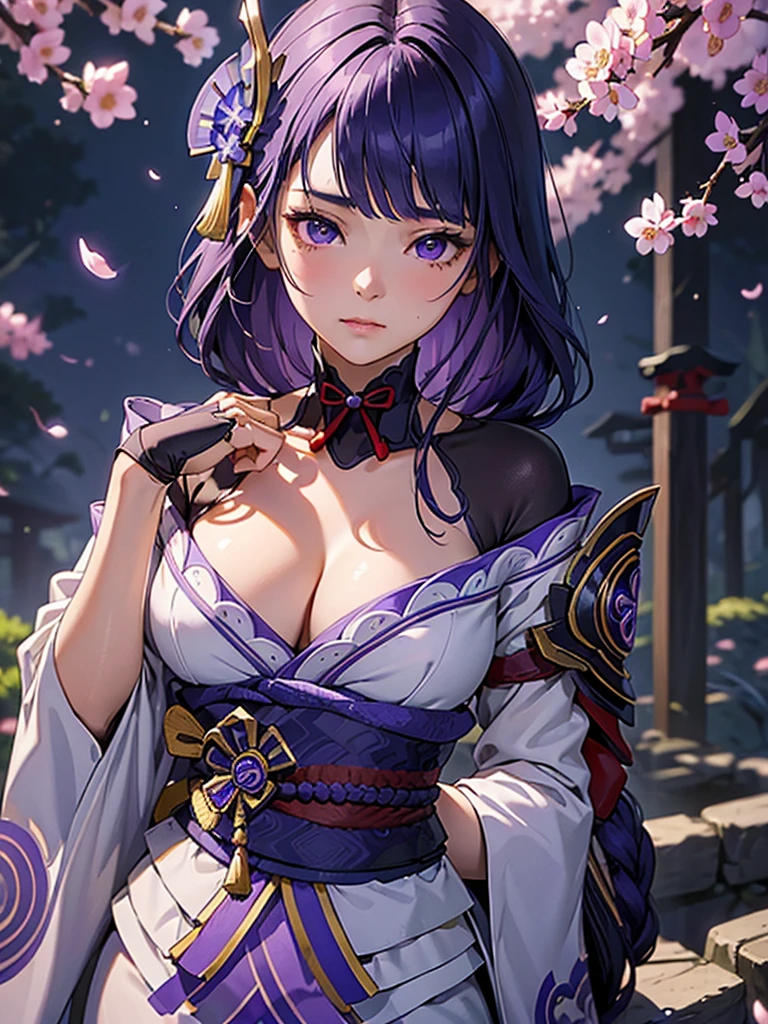 ((Upper body image:1.4))Japanese Shrines, (Highest quality,Realistic,masterpiece:1.2,8k wallpaper:1.2),((Pale skin)),One Girl,women only,((raidenshogundef)),Lightning Particles,Purple Lightning,Light background,cherry blossoms,Purple Theme,Delicate facial features,Sexy and beautiful anime girls,General Raiden,Long purple hair,Rosy lips,Anime Mouth,shut up.,(Very sad face),large breasts、Beautiful cleavage