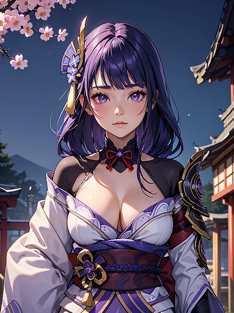 ((Upper body image:1.4))Japanese Shrines, (Highest quality，Realistic,masterpiece:1.2，8k wallpaper:1.2)，((Pale skin))，One Girl，women only，((raidenshogundef))，Lightning Particles，Purple Lightning，Light background，cherry blossoms，Purple Theme，Delicate facial features，Sexy and beautiful anime girls，General Raiden，Long purple hair，Rosy lips，Anime Mouth，shut up.，(Very sad face)，large breasts、Beautiful cleavage
