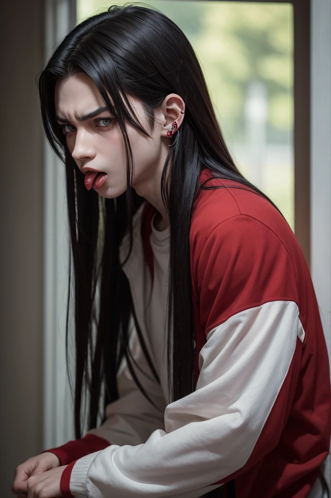 a boy young with long black hair with red highlights, green eyes, showing his tongue angrily and wore a tongue piercing